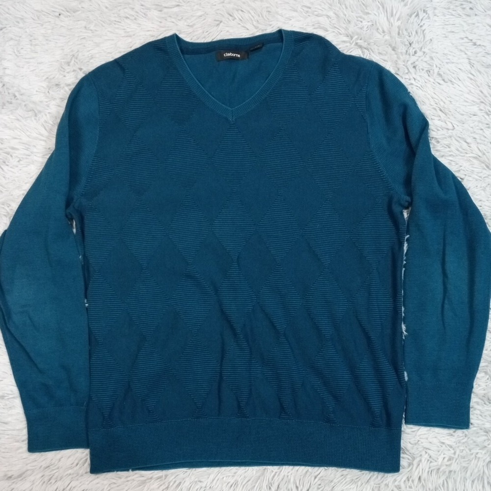 Claiborne Sweater Womens Blue Teal Large V Neck Pullover Diamond Cotton